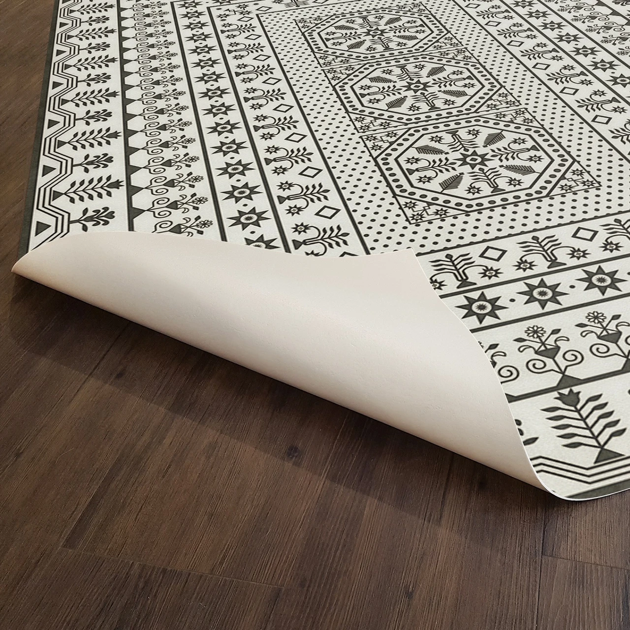 Embroidery To the Moon - vinyl floor cloth underside 