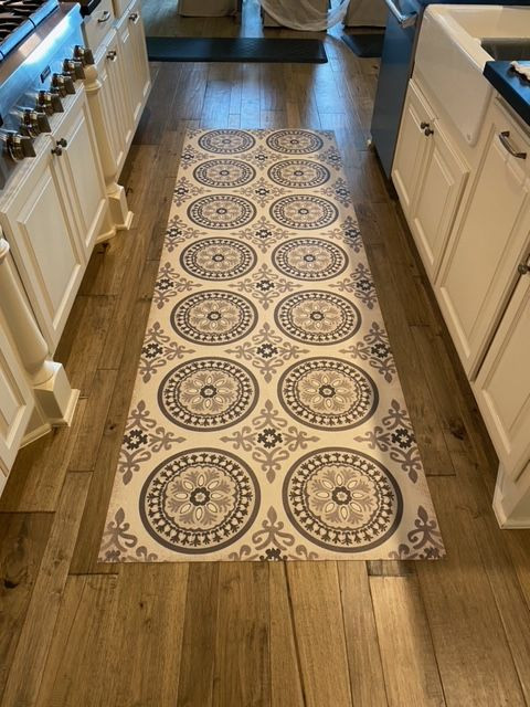 Pattern 43 Peace - vinyl floor cloth 36x90 runner used in a kitchen