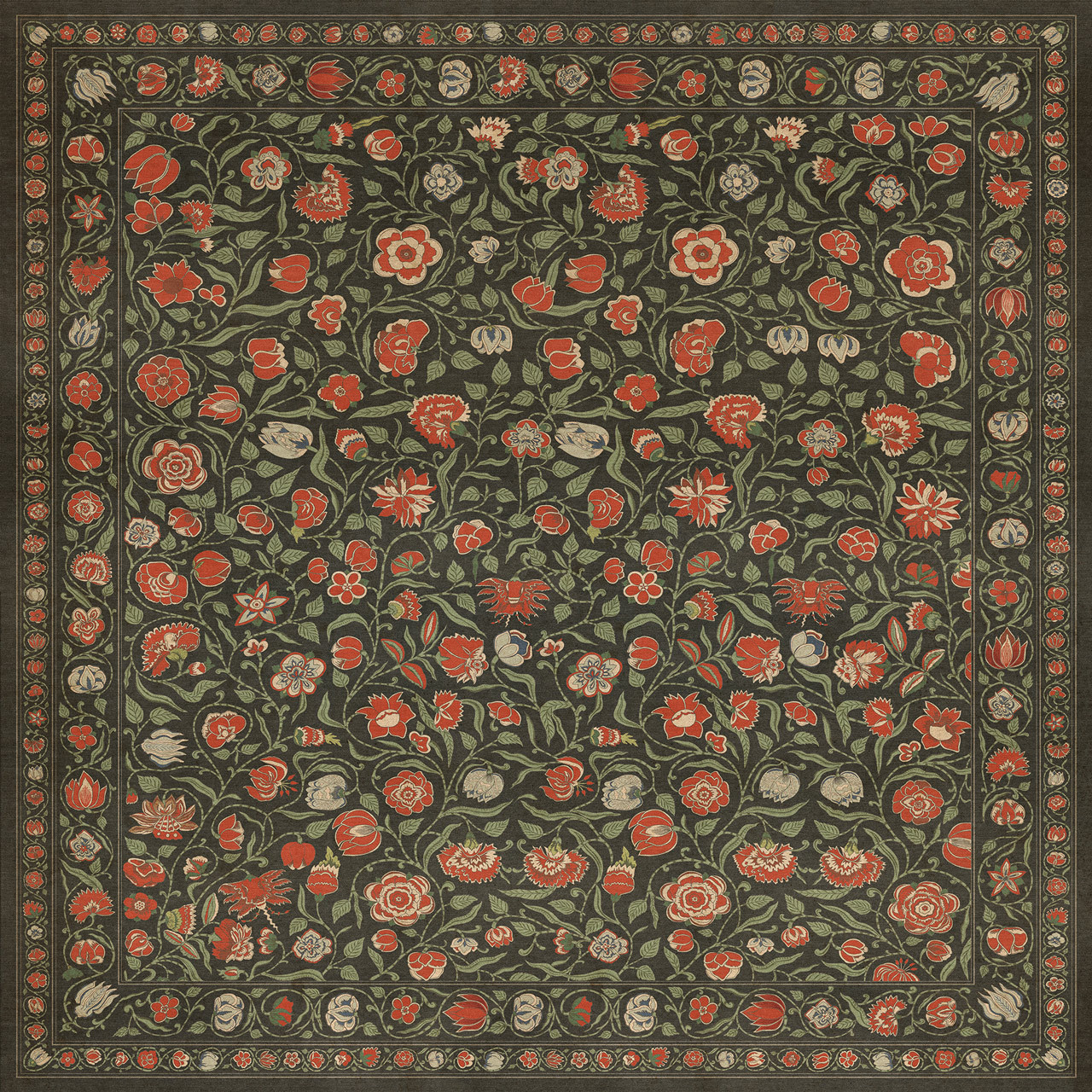 Williamsburg Antique Floral Where You Go I Will Go - vinyl floor cloth sizes 96x96, 120x120