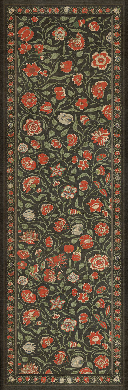 Williamsburg Antique Floral Where You Go I Will Go - vinyl floor cloth sizes 24x77, 30x96, 36x115