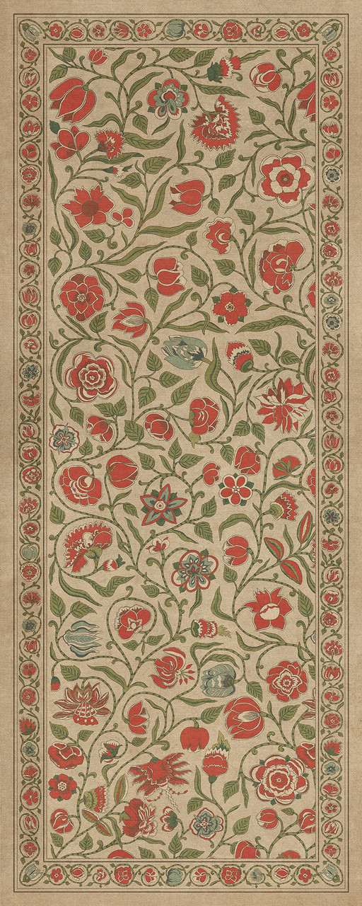 Williamsburg Antique Floral May We Live Together - vinyl floor cloth sizes 30x75, 36x90