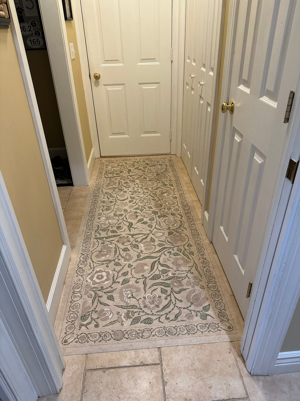 Williamsburg Antique Floral A Chilly Peace - vinyl floor cloth pura vida customer use of a 36x90 runner in a hallway