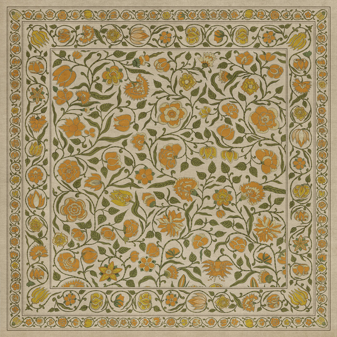 Williamsburg Antique Floral A Lane of Yellow - vinyl floor cloth size 60x60, 72x72