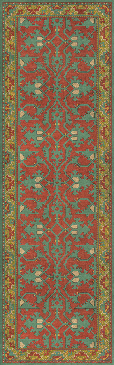 Williamsburg Lotto Ushak Any Lifetime - vinyl floor cloth sizes 24x77, 30x96, 36x115