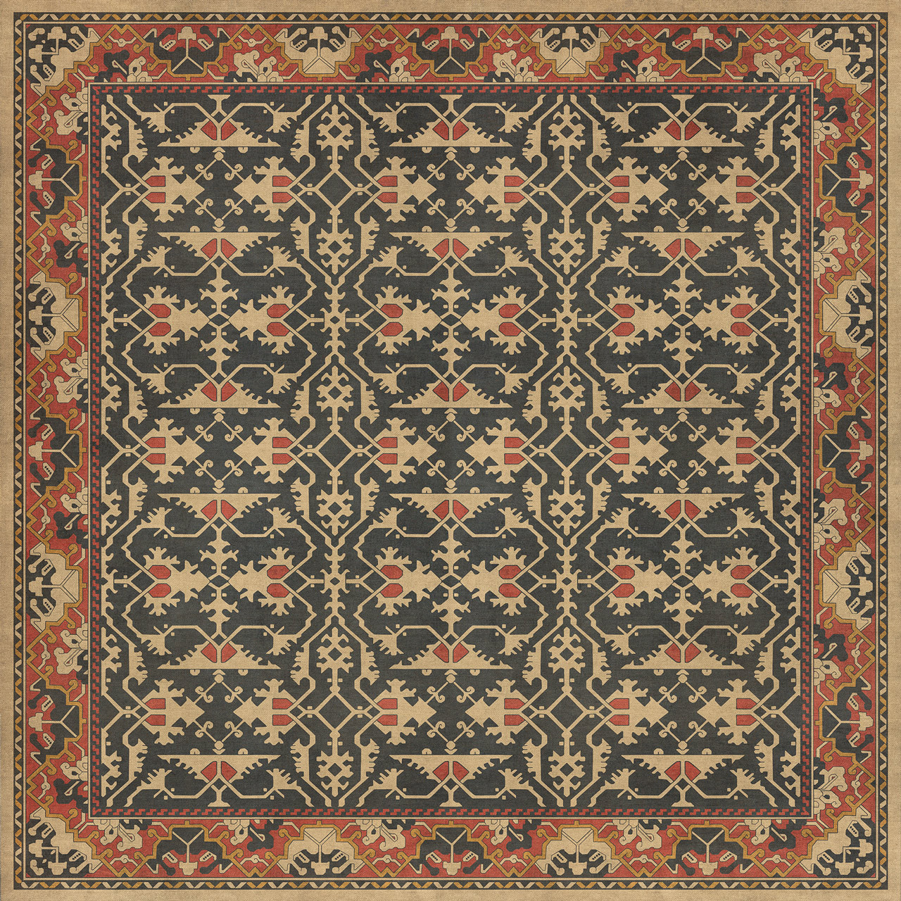 Williamsburg Lotto Ushak Description of Love - vinyl floor cloth sizes 96x96. 120x120