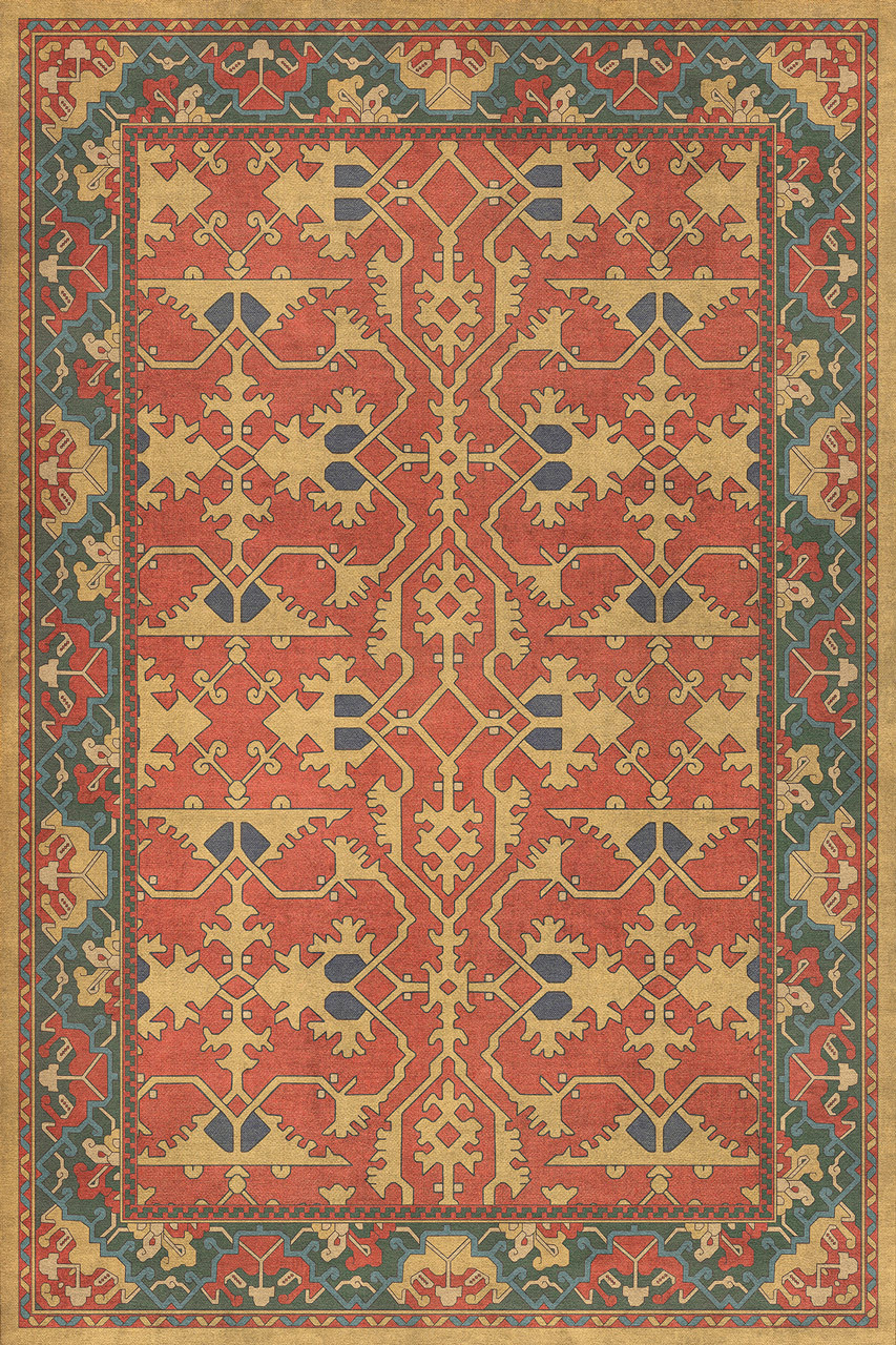 Williamsburg Lotto Ushak A Fire in my Hand - vinyl floor cloth sizes 20x30, 24x36, 30x44, 38x56