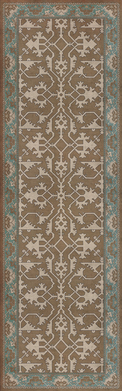 Williamsburg Lotto Ushak A Birdsong - vinyl floor cloth sizes 24x77, 30x96, 36x115