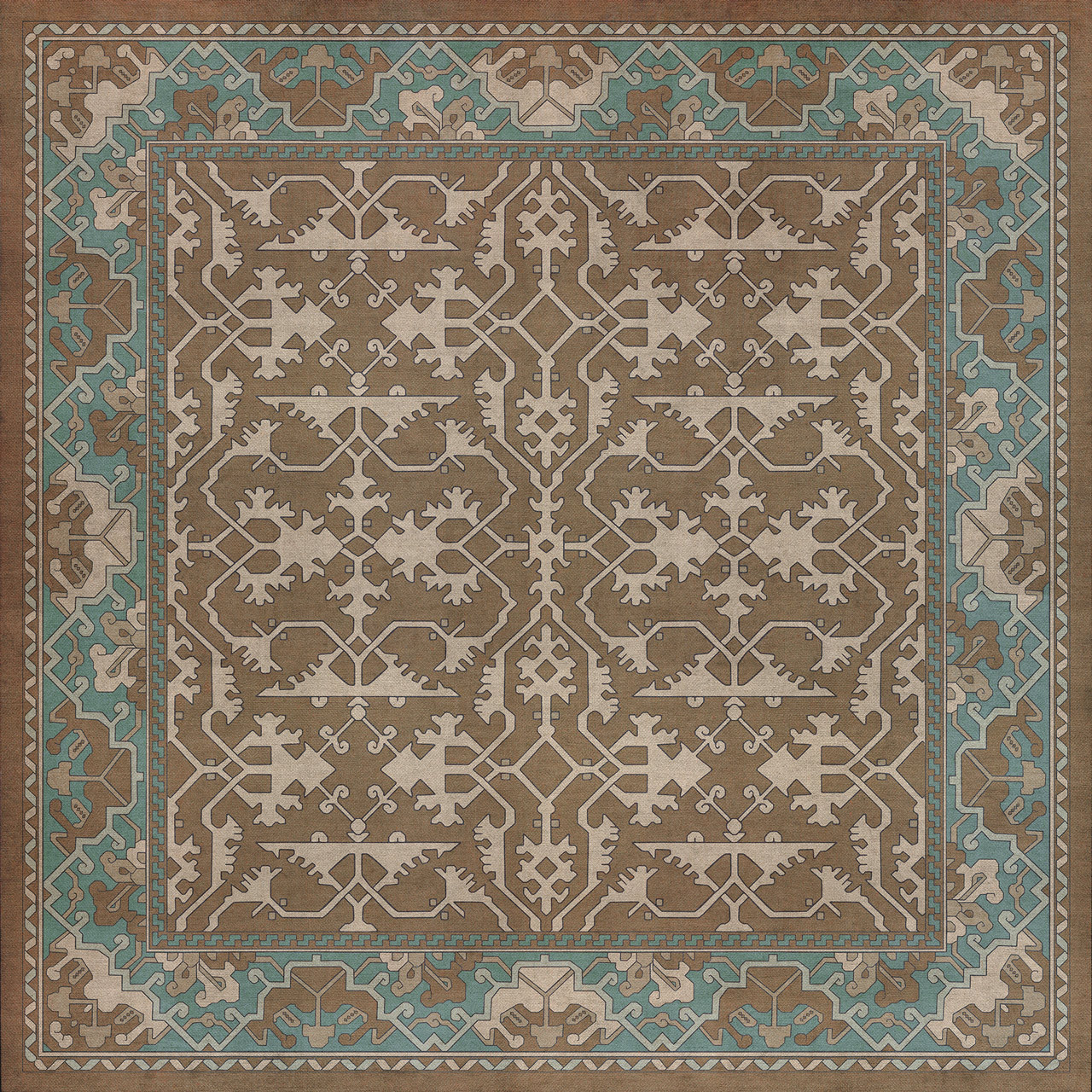 Williamsburg Lotto Ushak A Birdsong - vinyl floor cloth sizes 36x36, 48x48