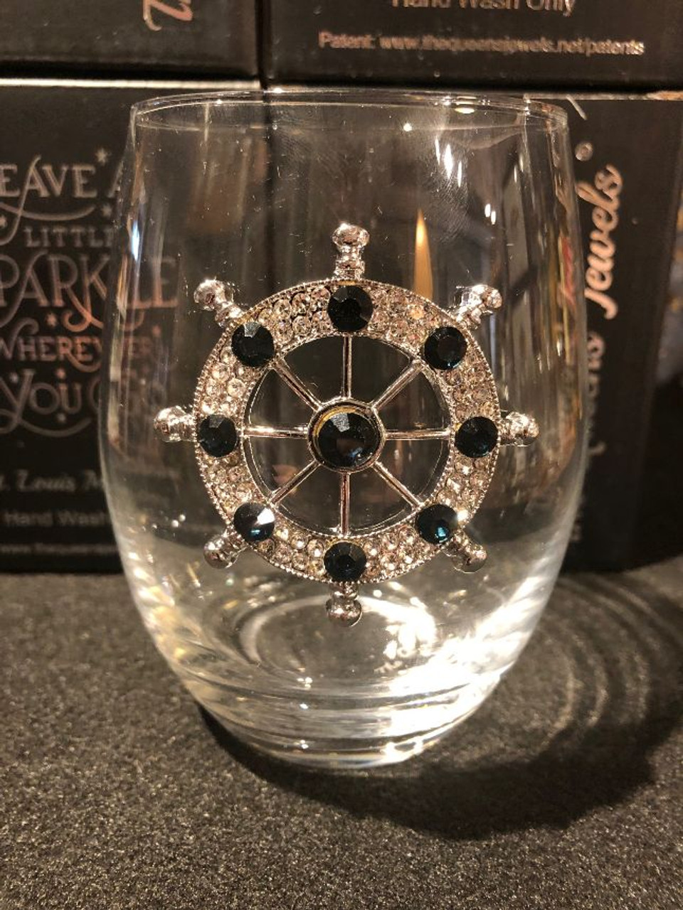 stemless wine glass with ships wheel