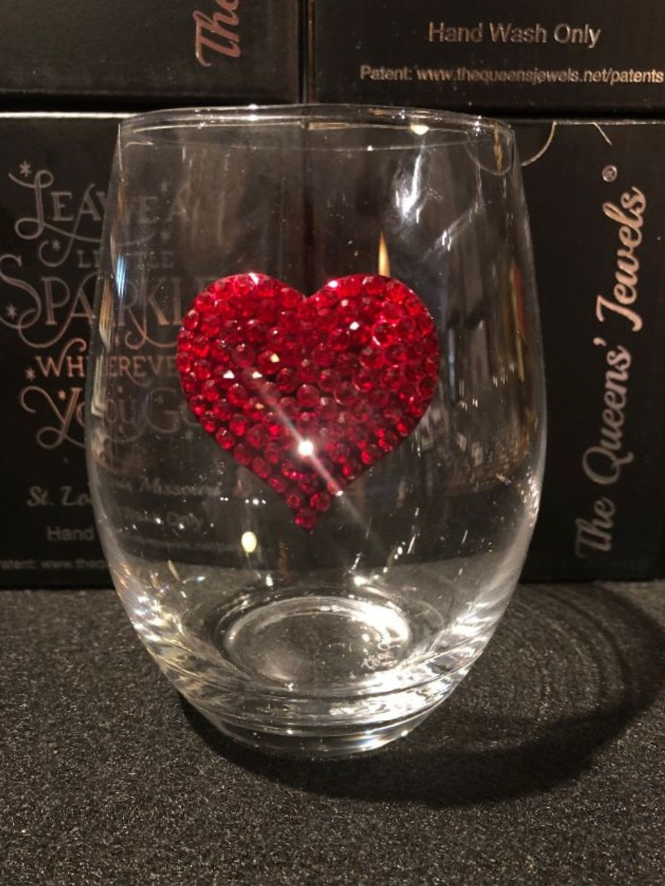 stemless wine glass with red heart icon