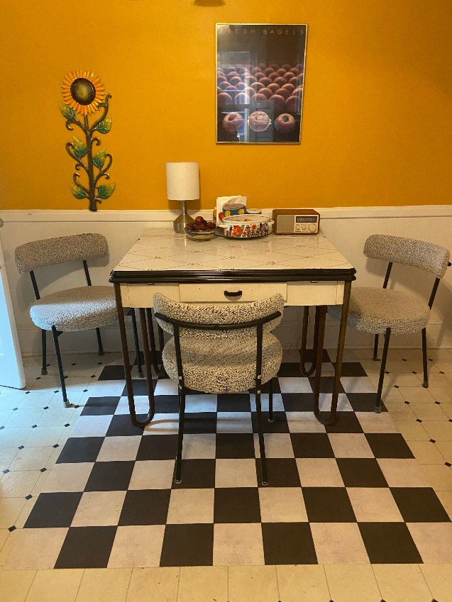 Classic Pattern 7 Checkered Past (lightly distressed) vinyl floor cloth 60x60 used in a kitchen 