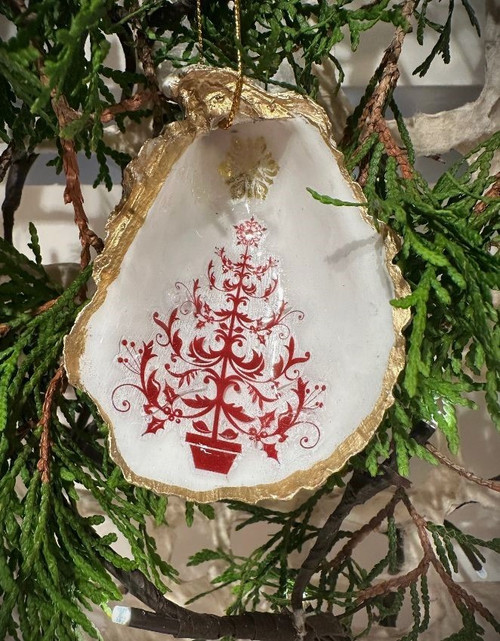 Oyster shell ornament - red tree