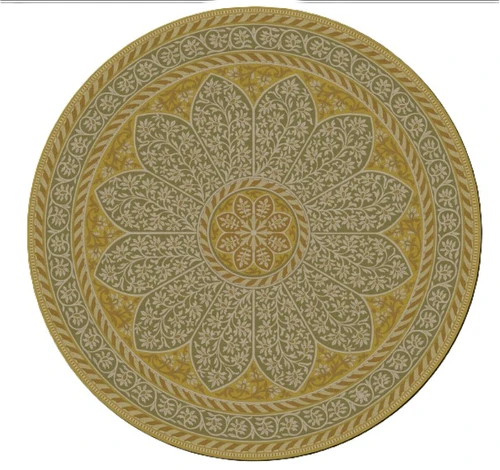 Estate Tracery Olive Saffron - round vinyl floor cloth 