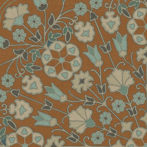 Biltmore Arabesque Bloom Cognac and Sea Glass - half round vinyl floor cloth detail 