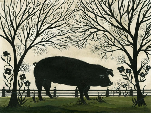 Animal Silhouette Pig facing right - vinyl floor cloth sizes 36x48, 48x60