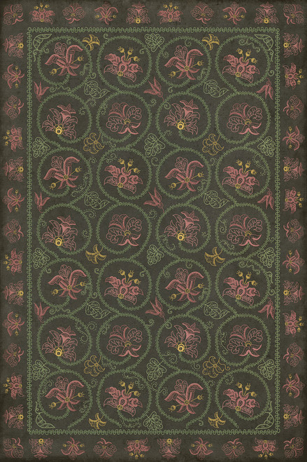 Williamsburg Crewelwork Dianthus - vinyl floor cloth, Image  for all rectangle sizes