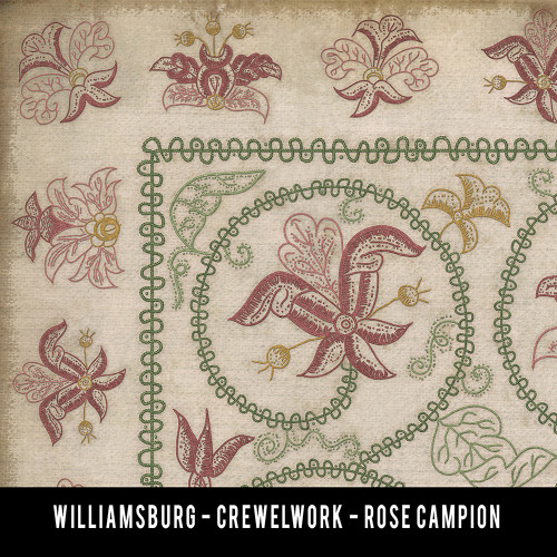 Williamsburg Crewelwork Rose Campion - vinyl floor cloth swatch sample