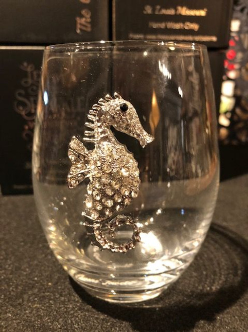 stemless wine glass with seahorse
