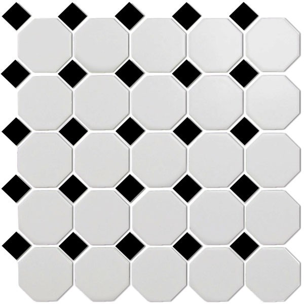 CC Mosaics Matte Octagonal Snow White & Black Mosaic 12x12 Sheet