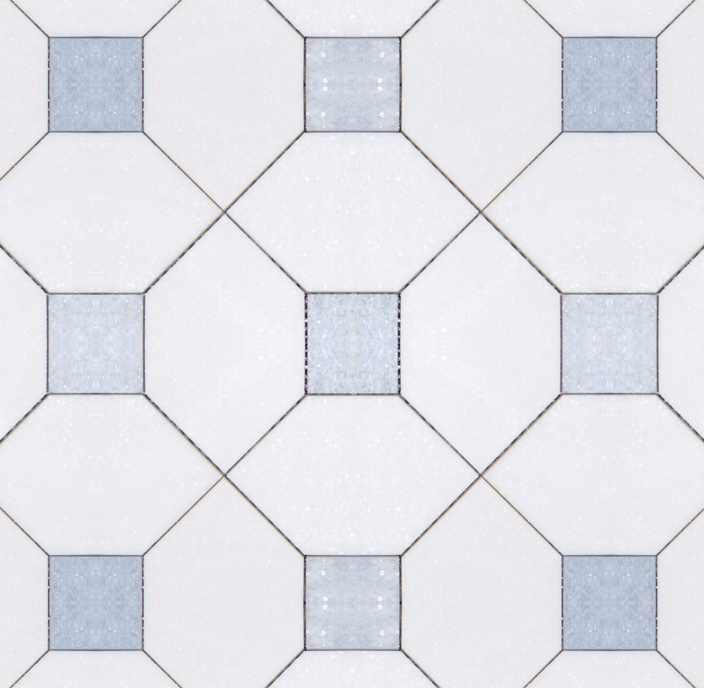 Manhattan Thassos Square & Blue Celeste Dot Polished Mosaic Tiles