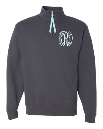 Charcoal grey quarter zip sweatshirt monogrammed with mint initials