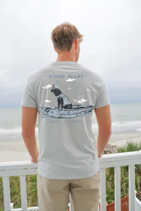 Model wearing Simply Southern Men's Stand Ready Dog T Shirt