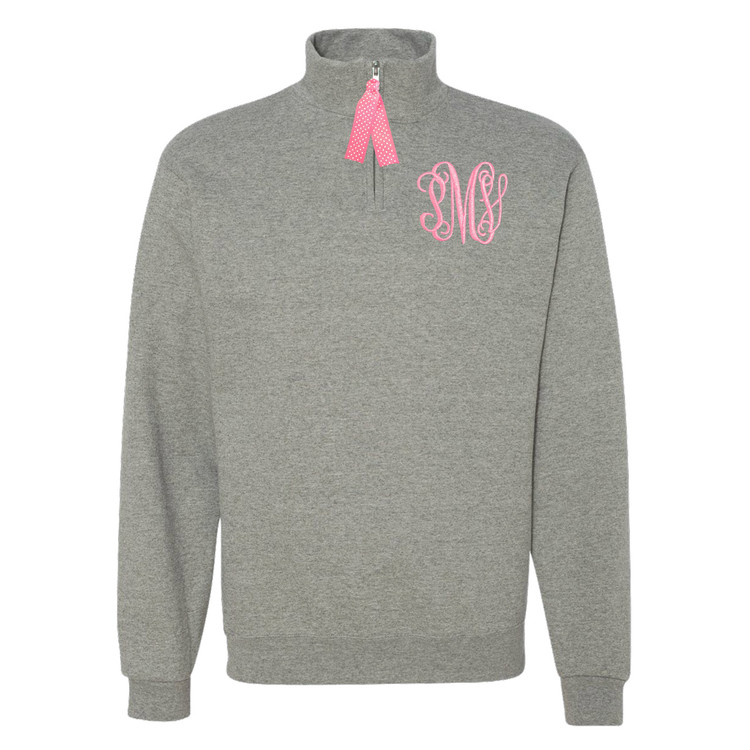 light oxford grey sweatshirt with pink embroidered monogram initials and pink ribbon zipper pull
