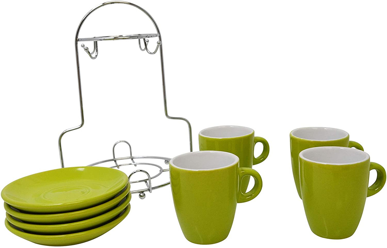 Imusa A120-22186  Espresso Cup Sets 4 Chrome Storage Rack 8 pcs Green/White-Espresso Cups-Porcelain Cup- ceramic cups-espresso set