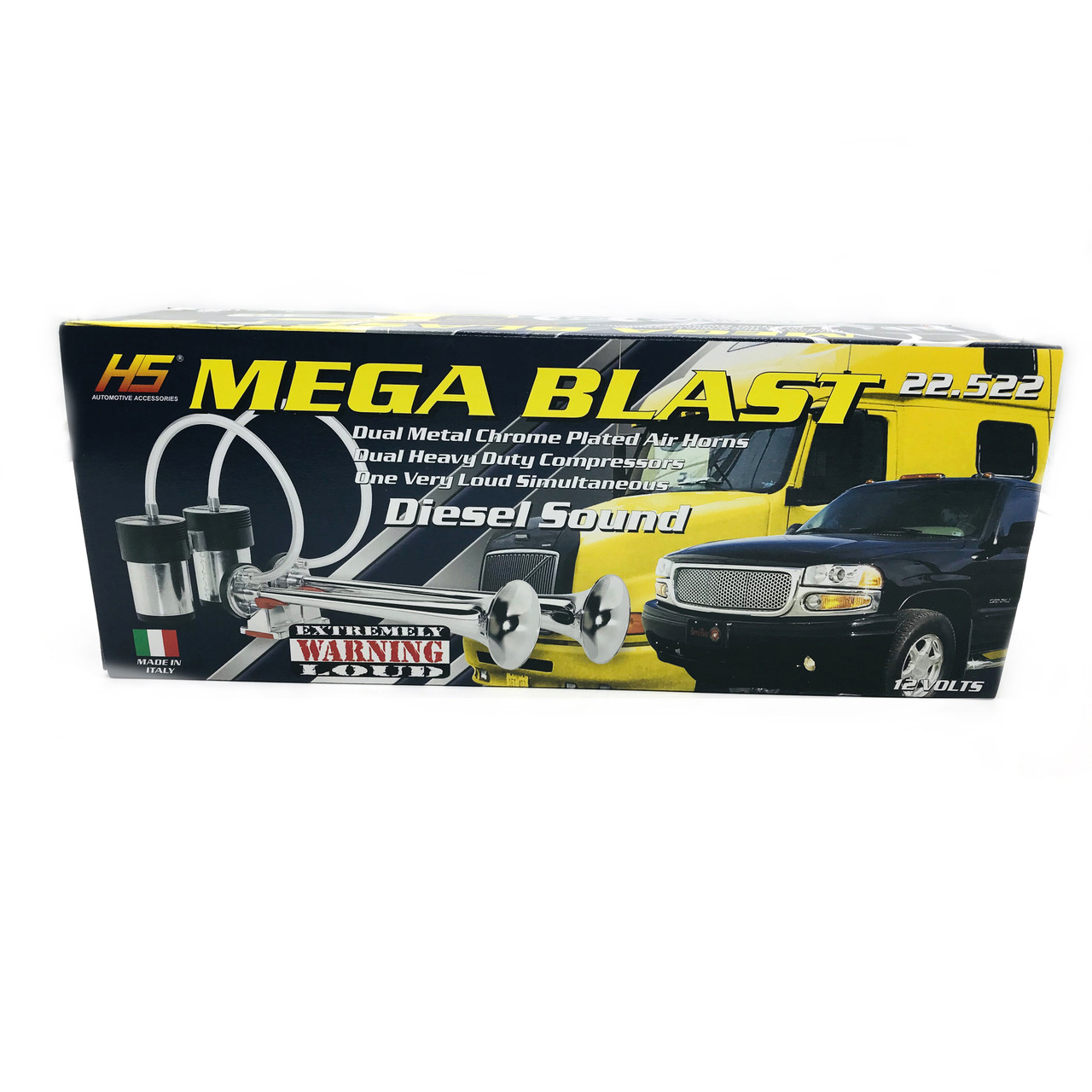 HS 22522 Heavy Duty Mega Blast Horns Extremely Loud Chrome 12V