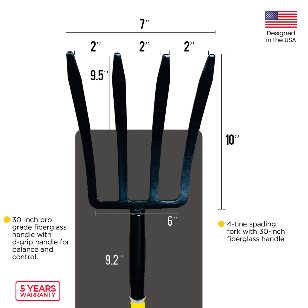 Spading fork, Pitchfork, Garden Fork, Digging Fork with Fiberglass D-Handle 30-Inch