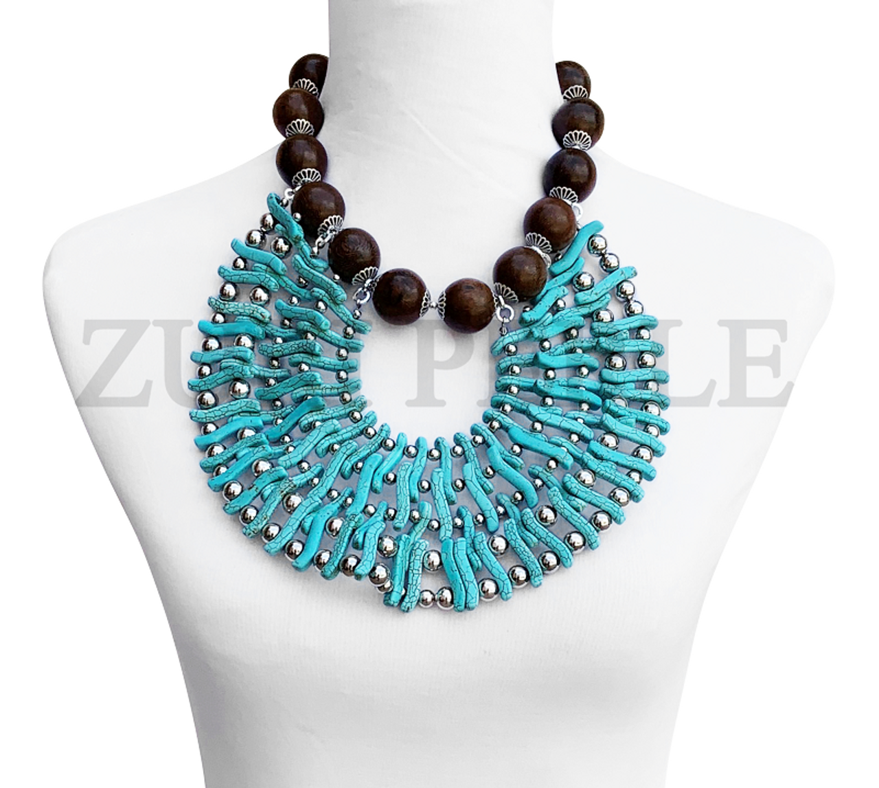 Blue howlite and brown wooden beads African Inspired Handcrafted Statement Necklace Zuri Perle 14829.1617482008