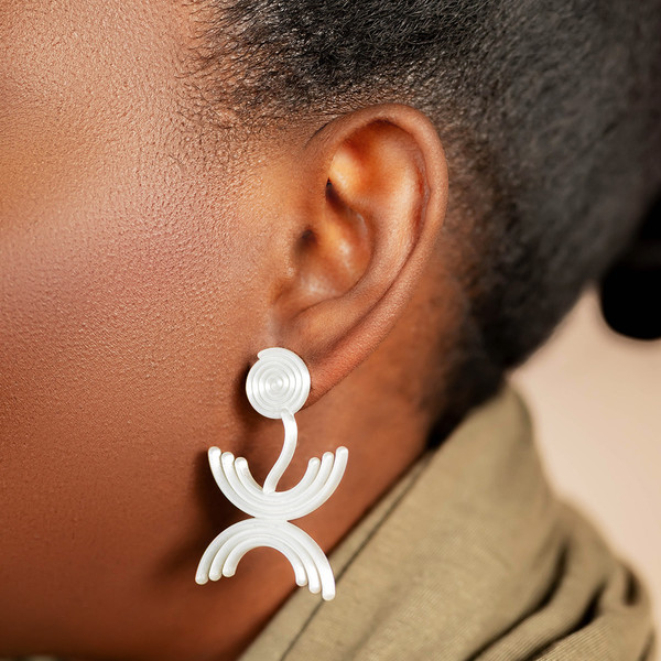Mimi Igba Aye Pin Pin symbol 3D printed light weight statement earrings by Dallas based brand Zuri Perle