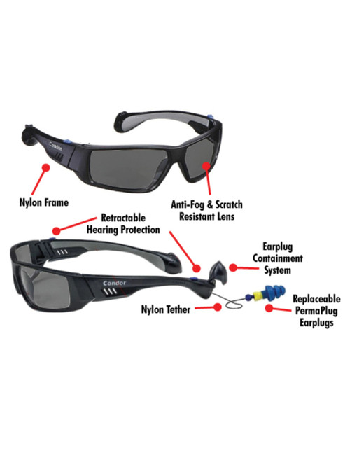 SonicGuard Anti-Fog Safety Glasses w/ Built in Ear Plugs