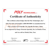 The certificate is printed on archive-quality 100lb. paper, with a Poly Technologies, Inc. logo and watermark and KFS logo. The certificate provides the place of manufacture, import date, sold date, and other information valuable to the collector. Each certificate is signed by Da Keng, who is the current owner, president of KFS, and son of founder and former president of KFS David Keng. The certificate is printed on archive-quality 100lb. paper, with a Poly Technologies, Inc. logo and watermark and KFS logo. The certificate provides the place of manufacture, import date, sold date, and other information valuable to the collector. Each certificate is signed by Da Keng, who is the current owner, president of KFS, and son of founder and former president of KFS David Keng.