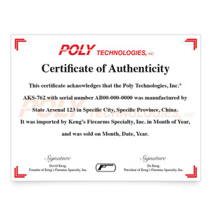 The certificate is printed on archive-quality 100lb. paper, with a Poly Technologies, Inc. logo and watermark and KFS logo. The certificate provides the place of manufacture, import date, sold date, and other information valuable to the collector. Each certificate is signed by Da Keng, who is the current owner, president of KFS, and son of founder and former president of KFS David Keng. The certificate is printed on archive-quality 100lb. paper, with a Poly Technologies, Inc. logo and watermark and KFS logo. The certificate provides the place of manufacture, import date, sold date, and other information valuable to the collector. Each certificate is signed by Da Keng, who is the current owner, president of KFS, and son of founder and former president of KFS David Keng.