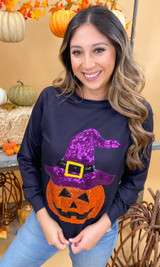 Pumpkin Witches Hat Sequin Long Sleeve Top