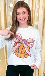 Basketball Pink Bow Rhinestone Graphic Long Sleeve Shirt