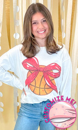 Custom Basketball Bow Rhinestone Graphic Long Sleeve T-Shirt