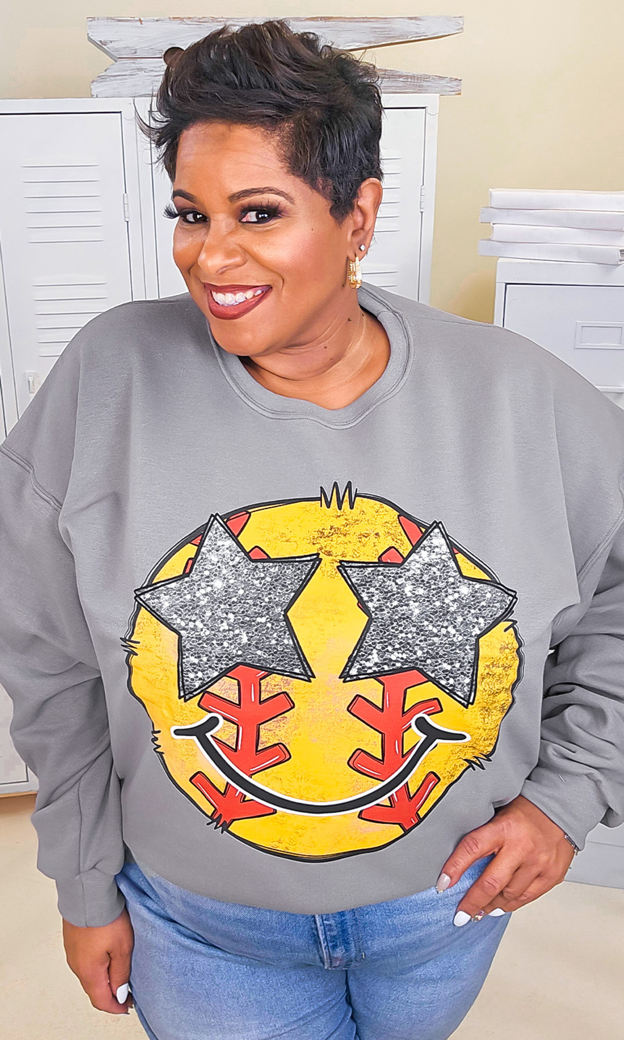 Softball Star Smiley Graphic Sweatshirt - Tees2urdoor