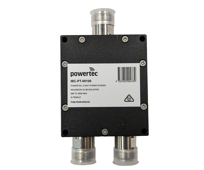Powertec RF Power Divider 2-Way, 698 to 3800 MHz, N Female, Wilkinson, 22dB isolation