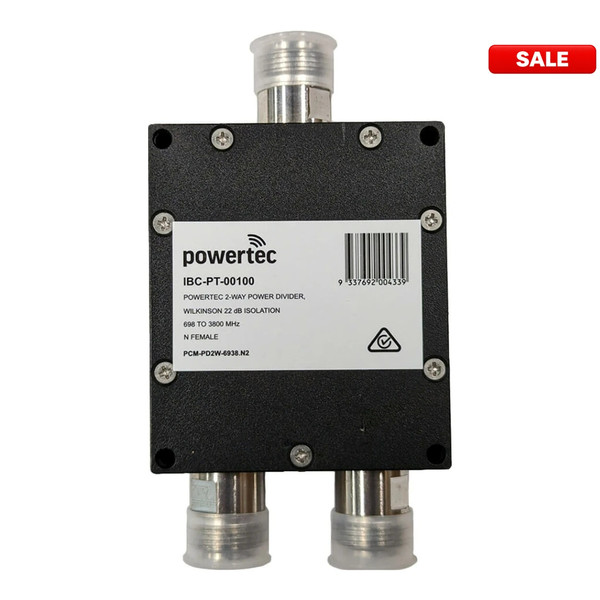 Powertec RF Power Divider 2-Way, 698 to 3800 MHz, N Female, Wilkinson, 20dB isolation