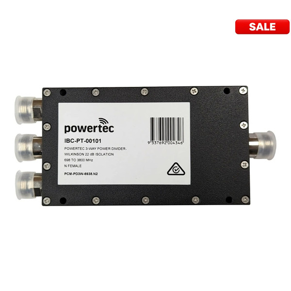 Powertec RF Power Divider 3-Way, 698 to 3800 MHz, N Female, Wilkinson, 18dB isolation