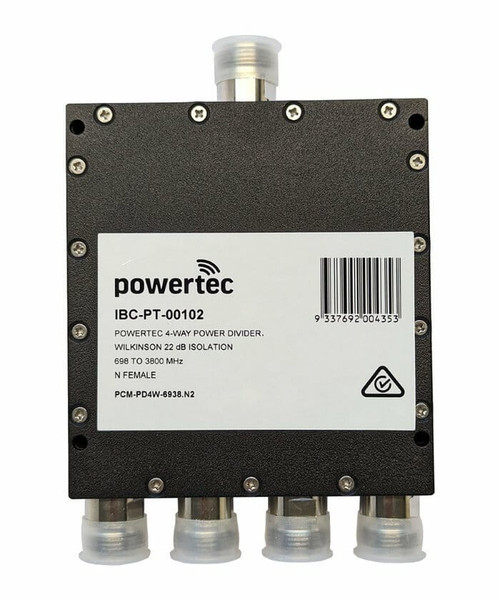 Powertec RF Power Divider 4-Way, 698 to 3800 MHz, N Female, Wilkinson, 22dB isolation