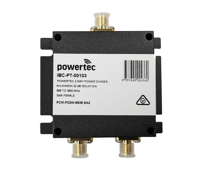 Powertec RF Power Divider 2-Way, 698-3800MHz, SMA Female, Wilkinson, 22dB isolation