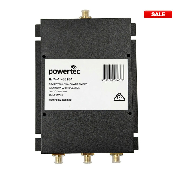 Powertec RF Power Divider 3-Way, 698 to 3800 MHz, SMA Female, Wilkinson, 18dB isolation