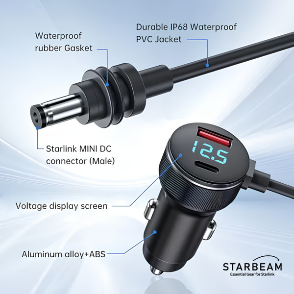 STARBEAM Starlink Mini 12/24V DC 3m LCD Screen Cigarette Lighter Power Cable