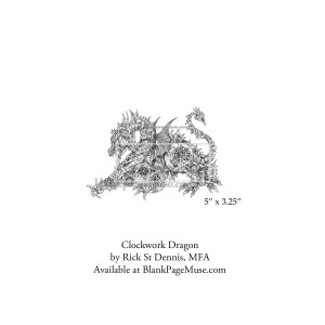 Magnificent Clockwork Dragon Steampunk Line Art Rubber Stamp designed by Rick St Dennis RSDIBFS010-02