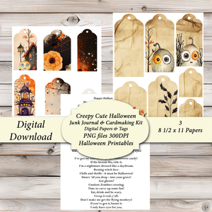 halloween printables digital PNG files to print at home. Creepy Cute Halloween printable, sentiments tags, art journal pages