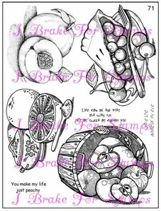 rubber stamps of peach fruit, blueberry pie slice, grapefruit with spoon of sugar, barrel of apples tipped on the side, 3 word phrases