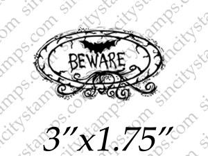 Beware with Bat badge style Rubber Stamp by Pam Bray Designs